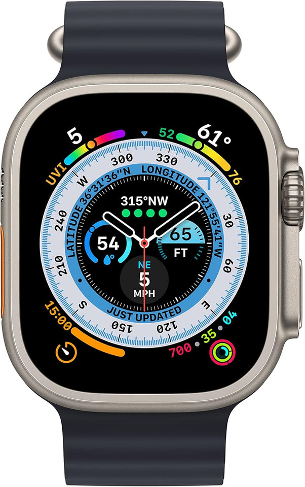 Apple Watch Ultra [GPS + Cellular 49mm] Titanium Case with Midnight Ocean Band, One Size (Renewed)